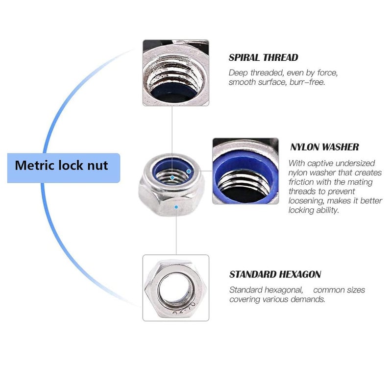DGZ 5 Pcs M10 x 1.0mm Metric Fine Thread Nylon Insert Lock Nut, 304 Stainless Steel Non-Slip Self-Locking Nut - Image 4